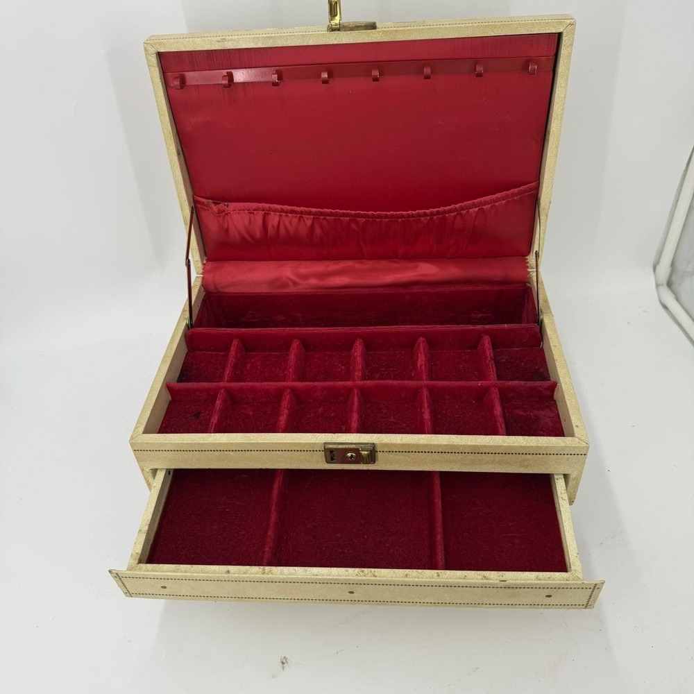 Vintage Mele Jewelry Box 1 Drawer Red Velvet and satin-Faux cream leather w/gold